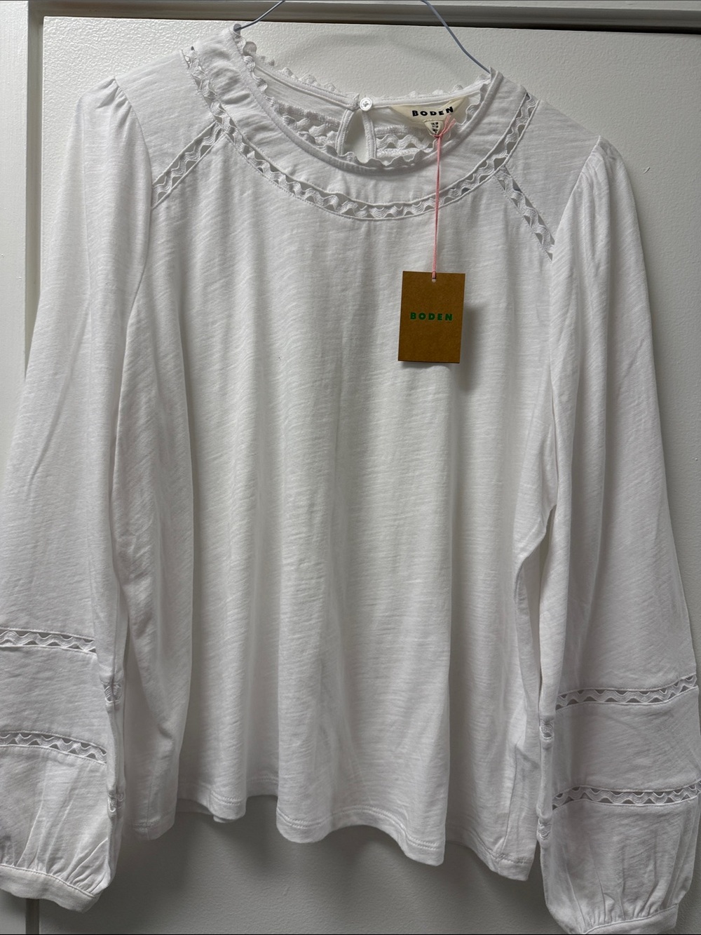 Boden White Long Sleeve Lace-Trim Blouse